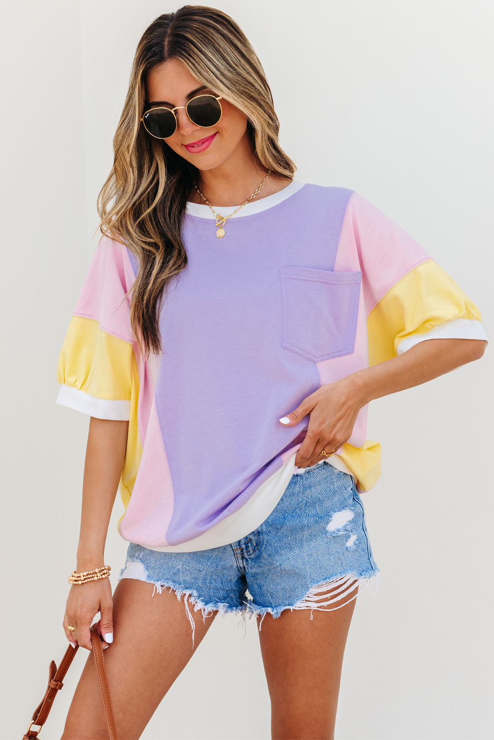 99129423-05f58cf26e78fe74.jpg Purple Color Block Patchwork Half Sleeve Oversized T Shirt - Image 1