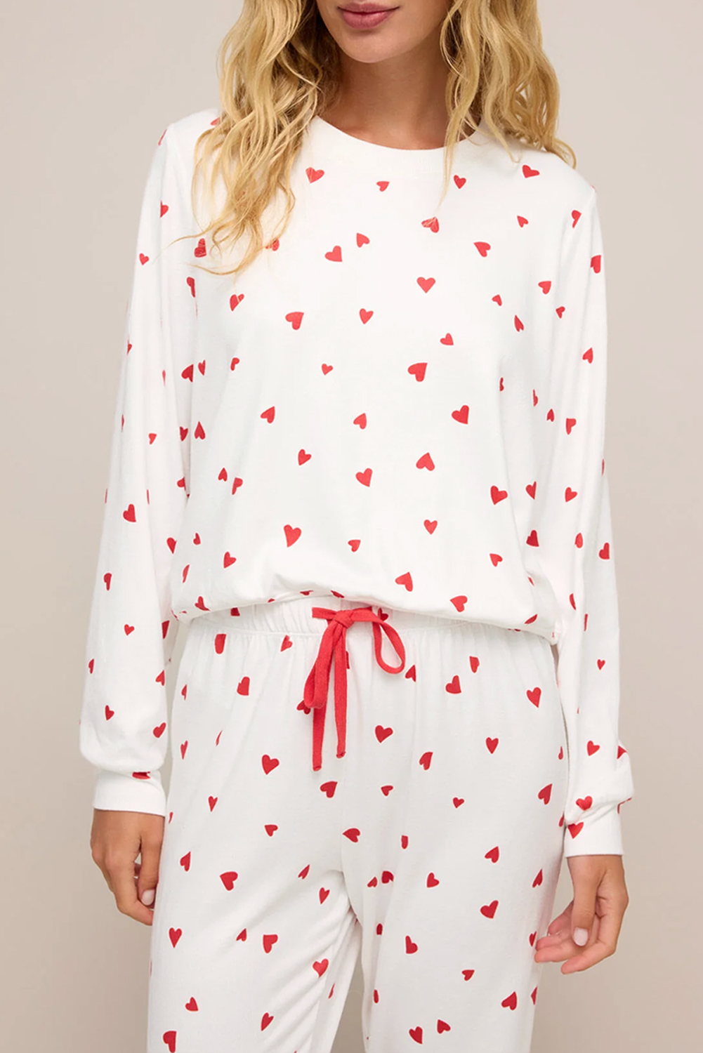 99132481-07be66ddd2ac8117.jpg Fiery Red Tiny Hearts Printed Long Sleeve Top Drawstring Lounge Pant Set - Image 1