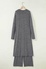 Dark Grey 3pcs V Neck T Shirt Ribbon Knot Pants Open Duster 3pcs Lounge Set - Image 5
