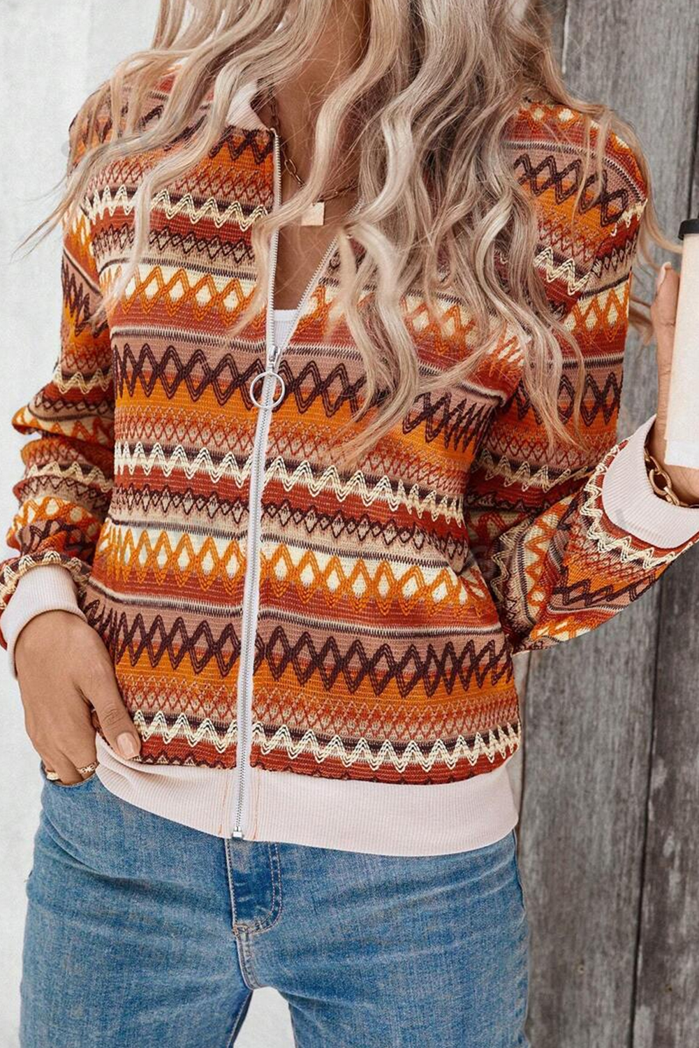 99137994-10e6b3fca5d7a445.jpg Orange Boho Striped Zip Up Long Sleeve Jacket - Image 1