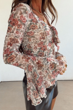 Red Floral Print Stitched Detail Tie V Neck Long Bell Sleeve Blouse - Image 2