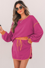 Rose Red Color Contrast Loose Pullover and Lace-up Waist Skort Set - Image 4