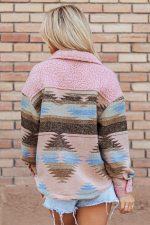 Pink Western Aztec Print Sherpa Splicing Buttoned Flap Pocket Coat - Image 2