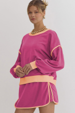 Rose Red Color Contrast Loose Pullover and Lace-up Waist Skort Set - Image 8