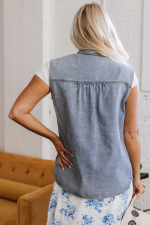 Beau Blue Denim Flap Pocket Curved Hem Shirt Vest - Image 2