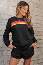 Black Striped Accent Pullover and Shorts Two Piece Casual Set - Image 4