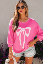 Sachet Pink Big Ribbon Bow Print Contrast Stitch Trim Drop Shoulder Sweater - Image 3