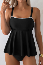 Black Spaghetti Straps Contrasted Ricrac Trim Flared Tankini 2pcs Swimsuit