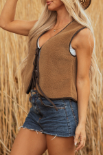 Light French Beige Contrast Trim Tie Front Sherpa Vest - Image 3