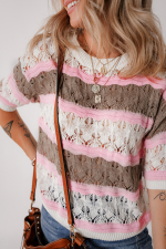 Brown Stripe Color Block Hollow Out Crochet Half Sleeve Sweater - Image 7