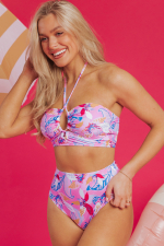 Pink Floral Printed Halter Neck High Waist Bikini - Image 5