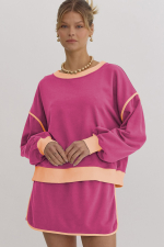 Rose Red Color Contrast Loose Pullover and Lace-up Waist Skort Set - Image 7