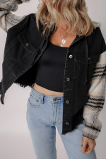 Black Plaid Sleeve Frayed Hem Hooded Denim Jacket - Image 4