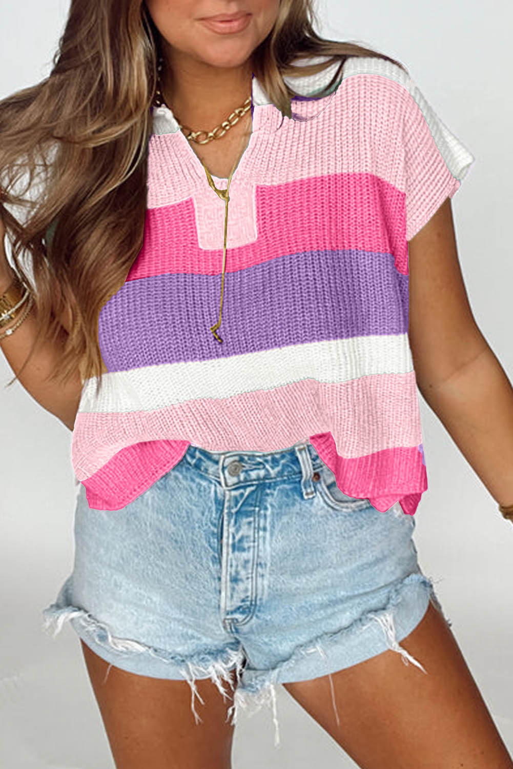 99132334-603446a7a3e83ba8.jpg Pink Color Block Notch V Neck Sweater T Shirt - Image 1