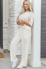 Khaki Checkered Print Half Sleeve Tee 2pcs Lounge Pant Set - Image 3