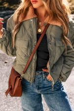 Jungle Green Teddy Collar Flap Pockets Quilted Puffer Jacket - Image 3