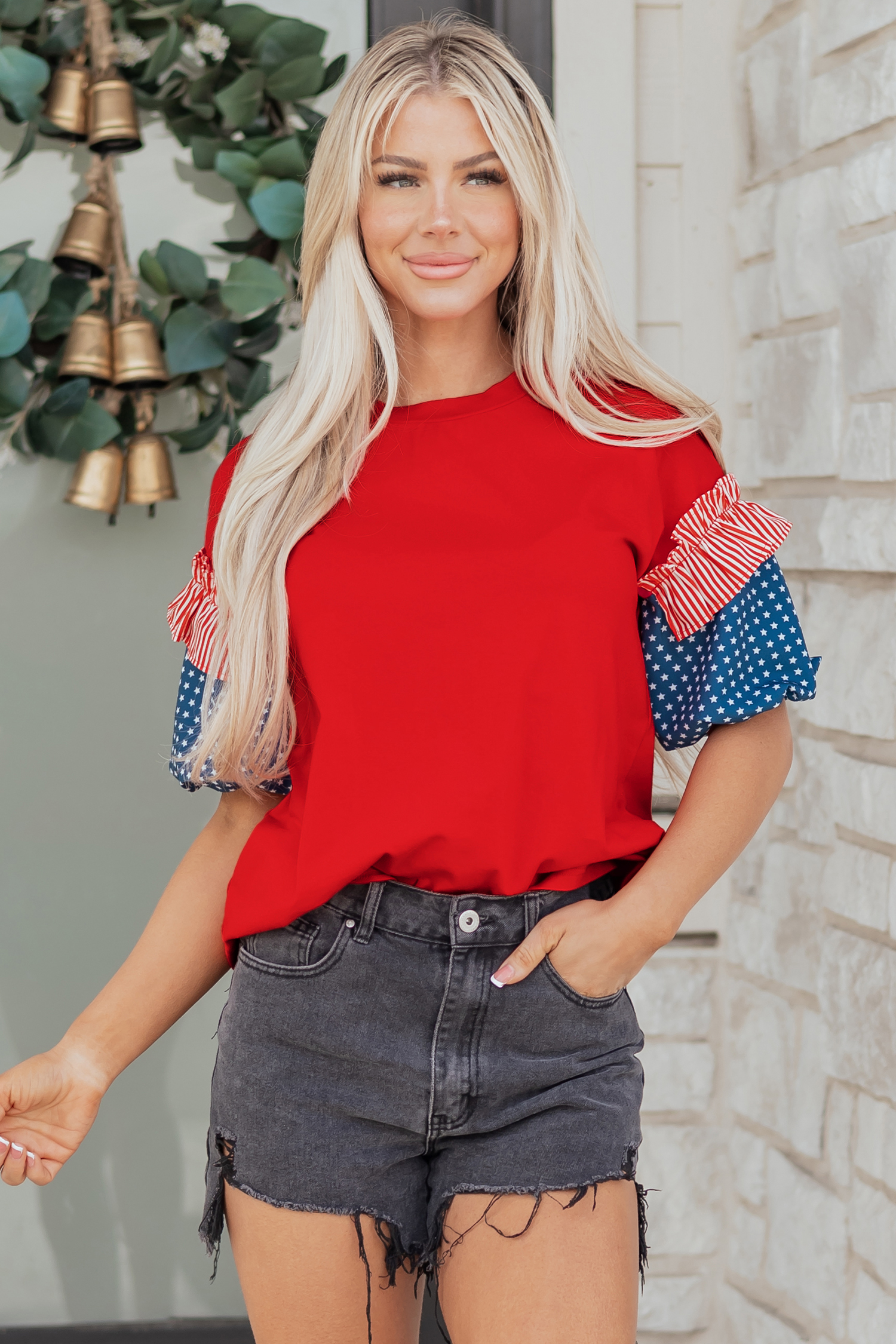 99129506-756b32fa5558881f.jpg Fiery Red Stars Stripes Short Puff Sleeve Top - Image 1