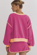 Rose Red Color Contrast Loose Pullover and Lace-up Waist Skort Set - Image 6