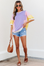 Purple Color Block Patchwork Half Sleeve Oversized T Shirt - Image 4