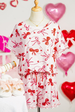 Red Romantic Bow Print Loose Tee Drawstring Shorts 2pcs Lounge Set - Image 3