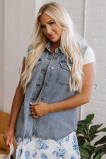 Beau Blue Denim Flap Pocket Curved Hem Shirt Vest - Image 6