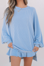 Sky Blue Corded Lantern Sleeve Top High Waist Ruffled Mini Skort Set - Image 7