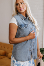 Beau Blue Denim Flap Pocket Curved Hem Shirt Vest - Image 3