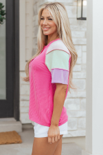 Bright Pink Twisted Ribbed Color Block Patchwork Henley Short Sleeve T Shirt - Image 5