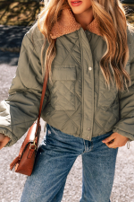 Jungle Green Teddy Collar Flap Pockets Quilted Puffer Jacket - Image 6