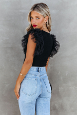 Black Dotty Mesh Ruffle Sleeve Ribbed Knit Top - Image 8