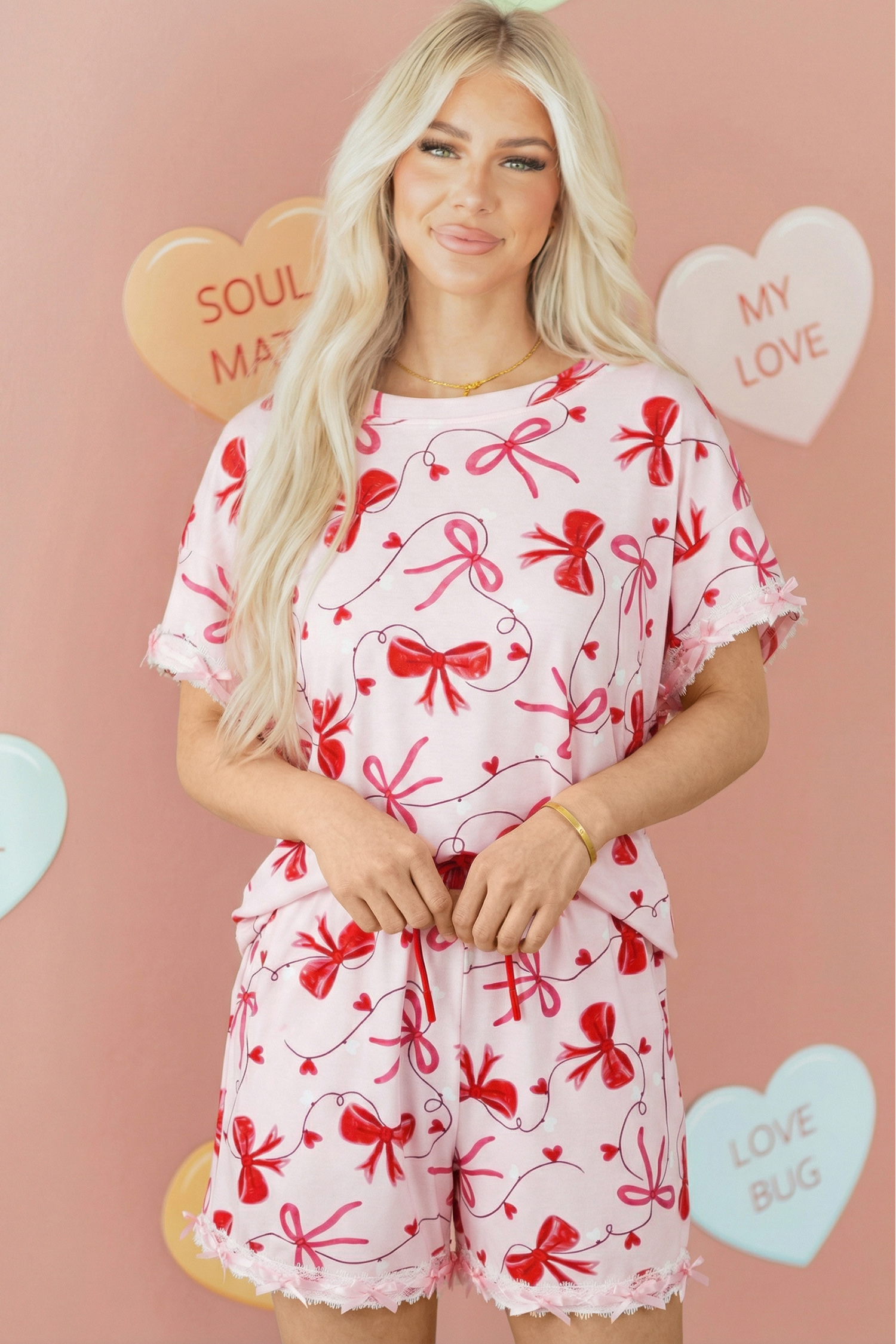 99132491-aaa49b77b665bdef.jpg Red Romantic Bow Print Loose Tee Drawstring Shorts 2pcs Lounge Set - Image 1