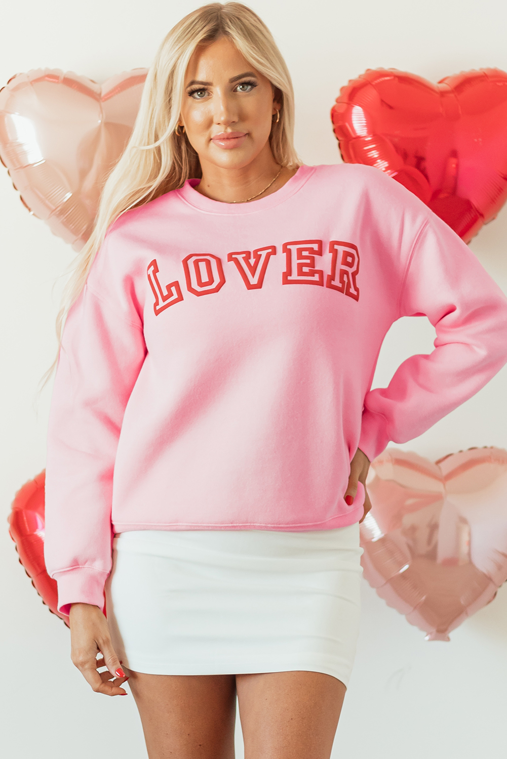 99132214-b60e9d76df611bc8.jpg Pink LOVER Puff Print Drop Shoulder Pullover Sweatshirt - Image 1