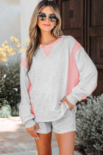 Light Grey Color Block Raw Hem Pullover and Casual Shorts Set - Image 5