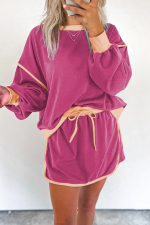 Rose Red Color Contrast Loose Pullover and Lace-up Waist Skort Set - Image 5