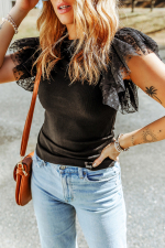 Black Dotty Mesh Ruffle Sleeve Ribbed Knit Top - Image 3