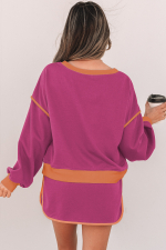Rose Red Color Contrast Loose Pullover and Lace-up Waist Skort Set - Image 2