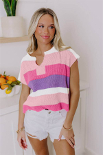 Pink Color Block Notch V Neck Sweater T Shirt - Image 7