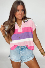 Pink Color Block Notch V Neck Sweater T Shirt - Image 8