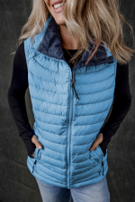 Sky Blue Plush Collared Quilted Zipped Puffer Vest - Image 6