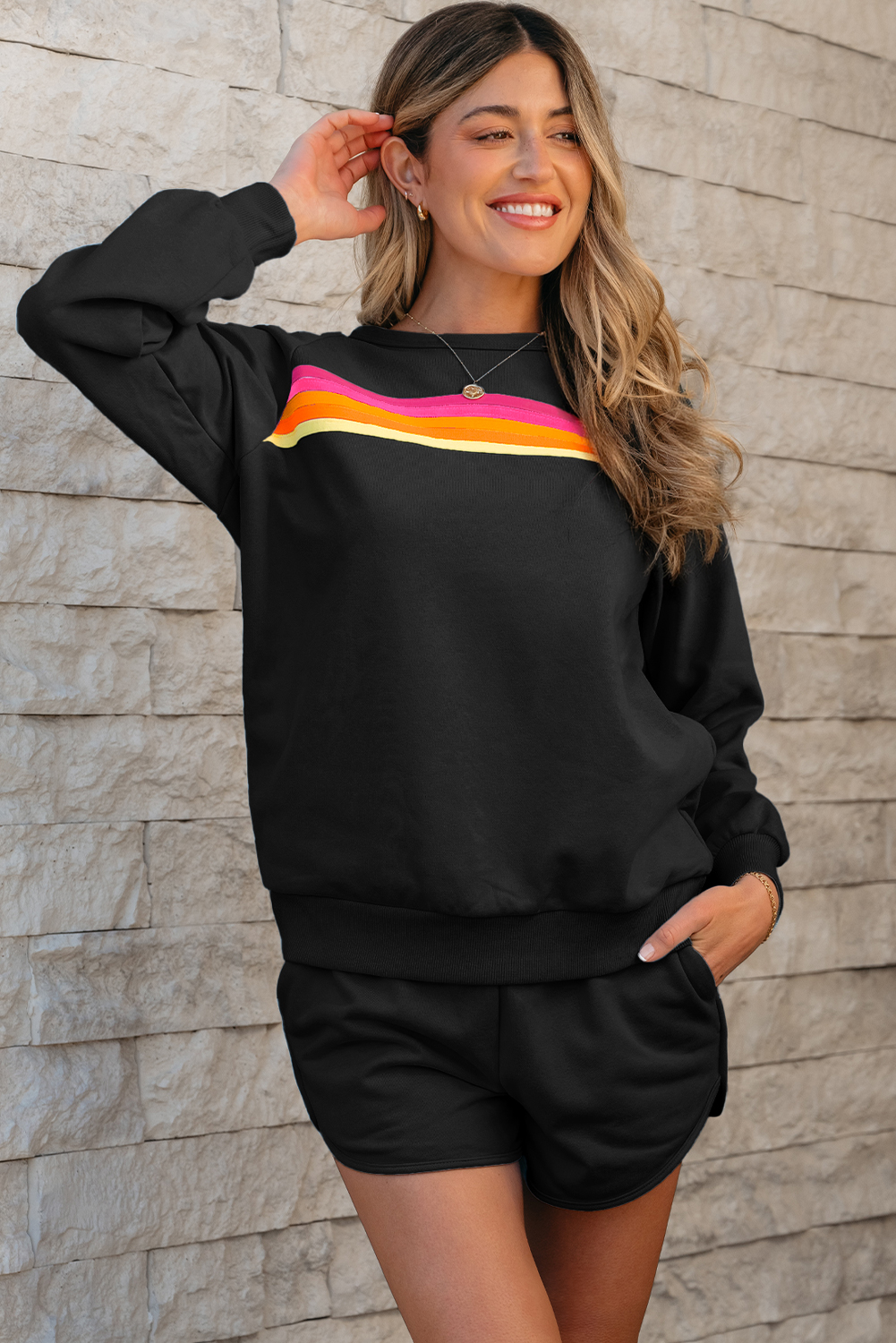 Black Striped Accent Pullover and Shorts Two Piece Casual Set