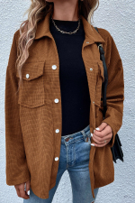 Brown Textured Flap Pocket Drop Shoulder Shacket - Image 6