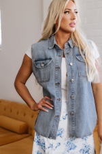 Beau Blue Denim Flap Pocket Curved Hem Shirt Vest - Image 5