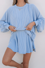 Sky Blue Corded Lantern Sleeve Top High Waist Ruffled Mini Skort Set - Image 6