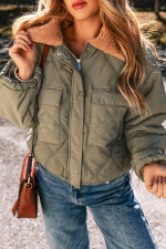 Jungle Green Teddy Collar Flap Pockets Quilted Puffer Jacket - Image 4