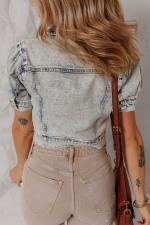 Beau Blue Light Wash Buttoned Chest Pocket Puff Sleeve Denim Jacket - Image 2