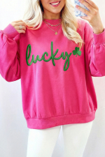 Rose Red Lucky Clover Embroidered Loose Pullover Sweatshirt - Image 8