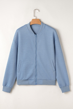 Myosotis Solid Textured Stand Neck Zipper Bomber Jacket - Image 8